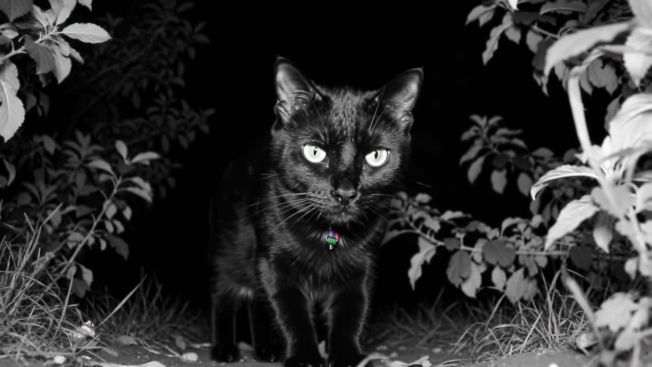 Mystical Encounter: A Shadowy Black Cat Emerges from the Darkness, Surrounded by Lush Greenery, Capturing the Essence of Nighttime Mystique and Feline Grace