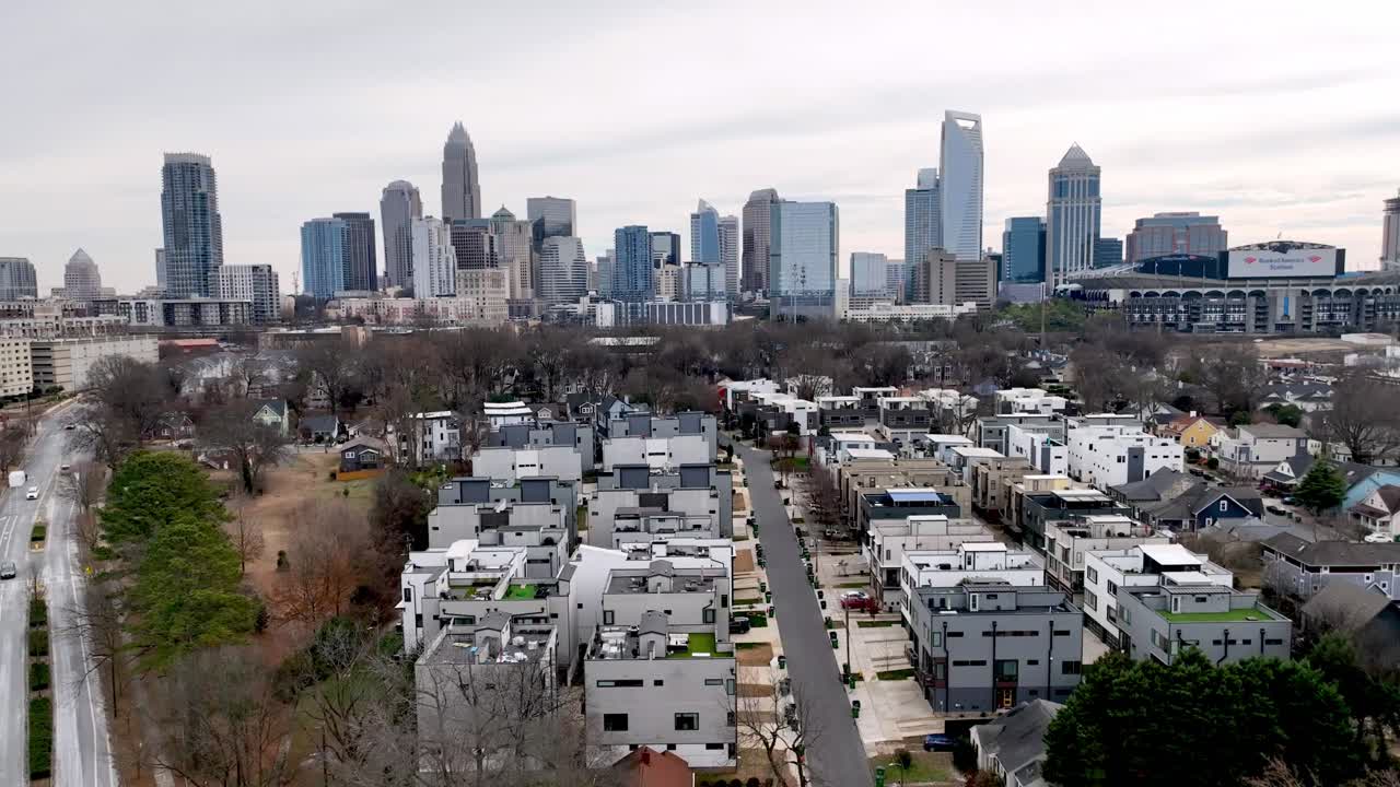 aerial pullout from charlotte nc, north carolina skyline