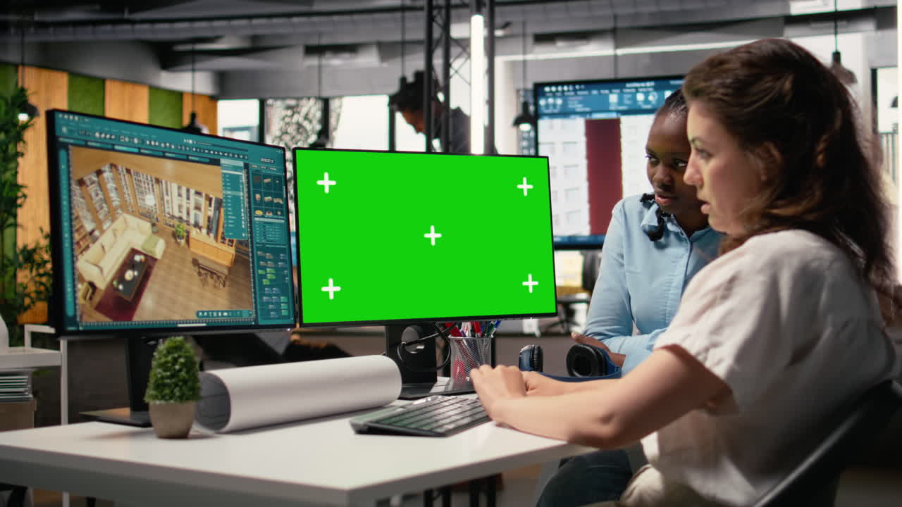 Property developer working with architectural floor plans and mockup display