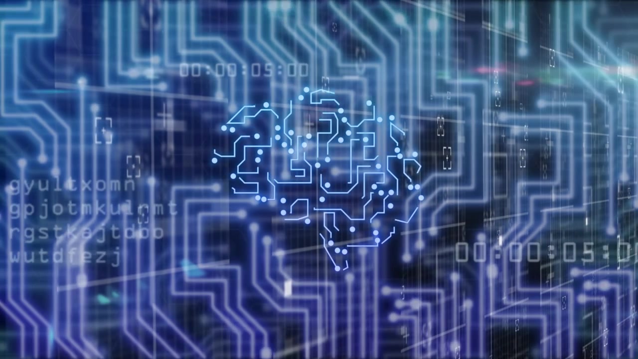 Neon-blue brain circuit forming from drifting dots, pulsing nodes routing signals for analysis