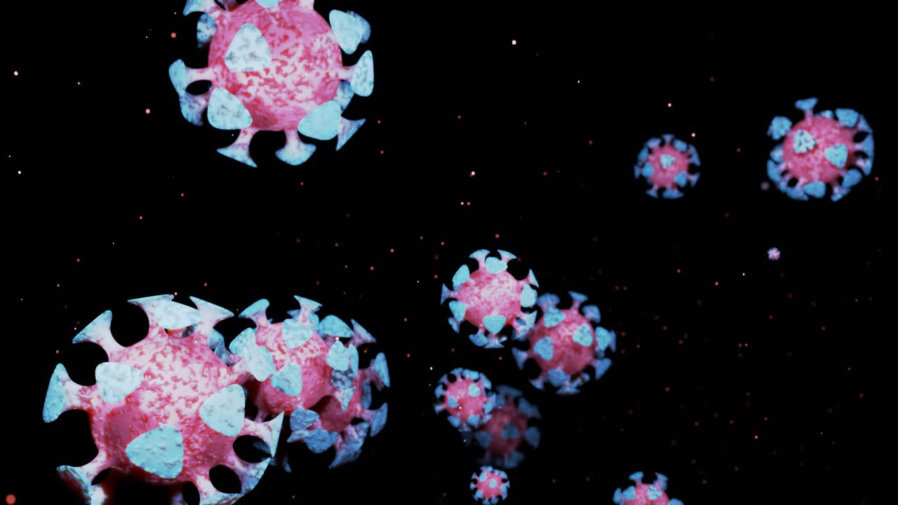 Primo piano di coronavirus tipo covid-19, h1n1, influenza aviaria o suina che si muovono fluidamente in una rappresentazione 3D del virus come sfondo microscopico microbiologico in loop. Gradiente rosso-blu 7