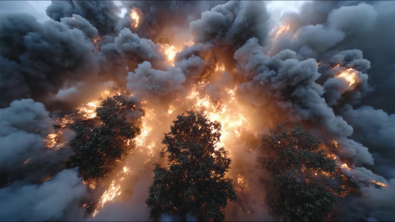 A dramatic portrayal of a fierce fire engulfing towering trees amidst thick plumes of smoke, showcasing the raw power and destructive nature of flames combined with chaos