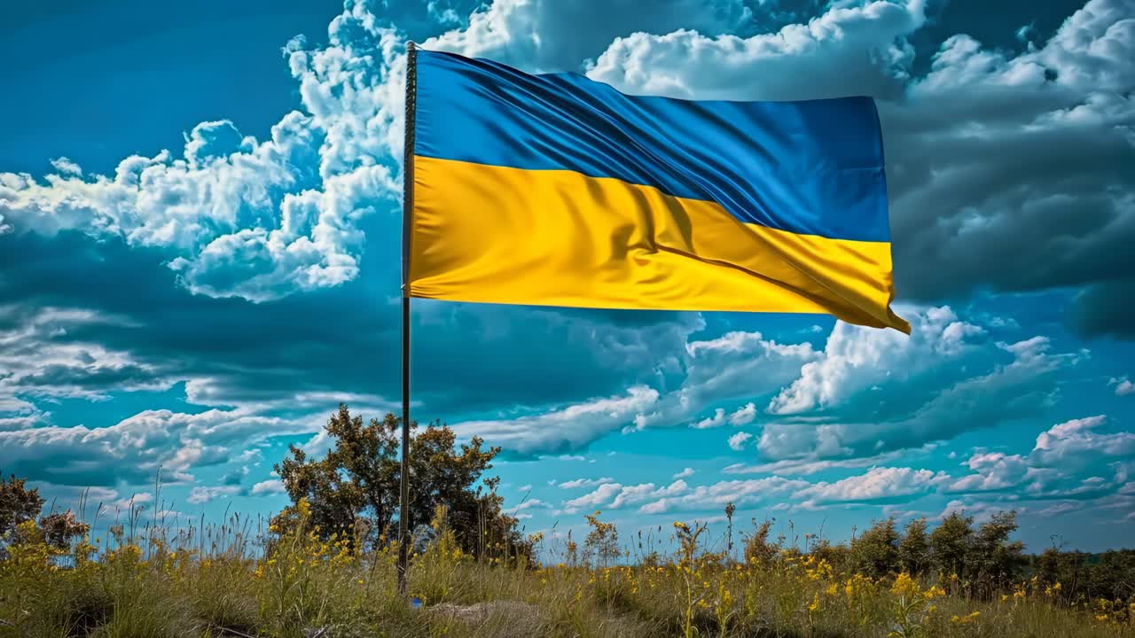 하늘에서 높이 날아다니는 노란색과 파란색 발