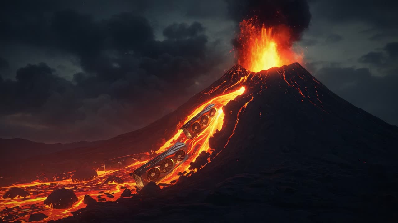Eruzione vulcanica con lava che scorre lungo i suoi fianchi, che emette cenere e detriti nel cielo, mentre un oggetto misterioso giace in mezzo alla roccia fusa.