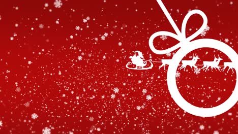 Animation-of-snow-falling-text-over-red-background