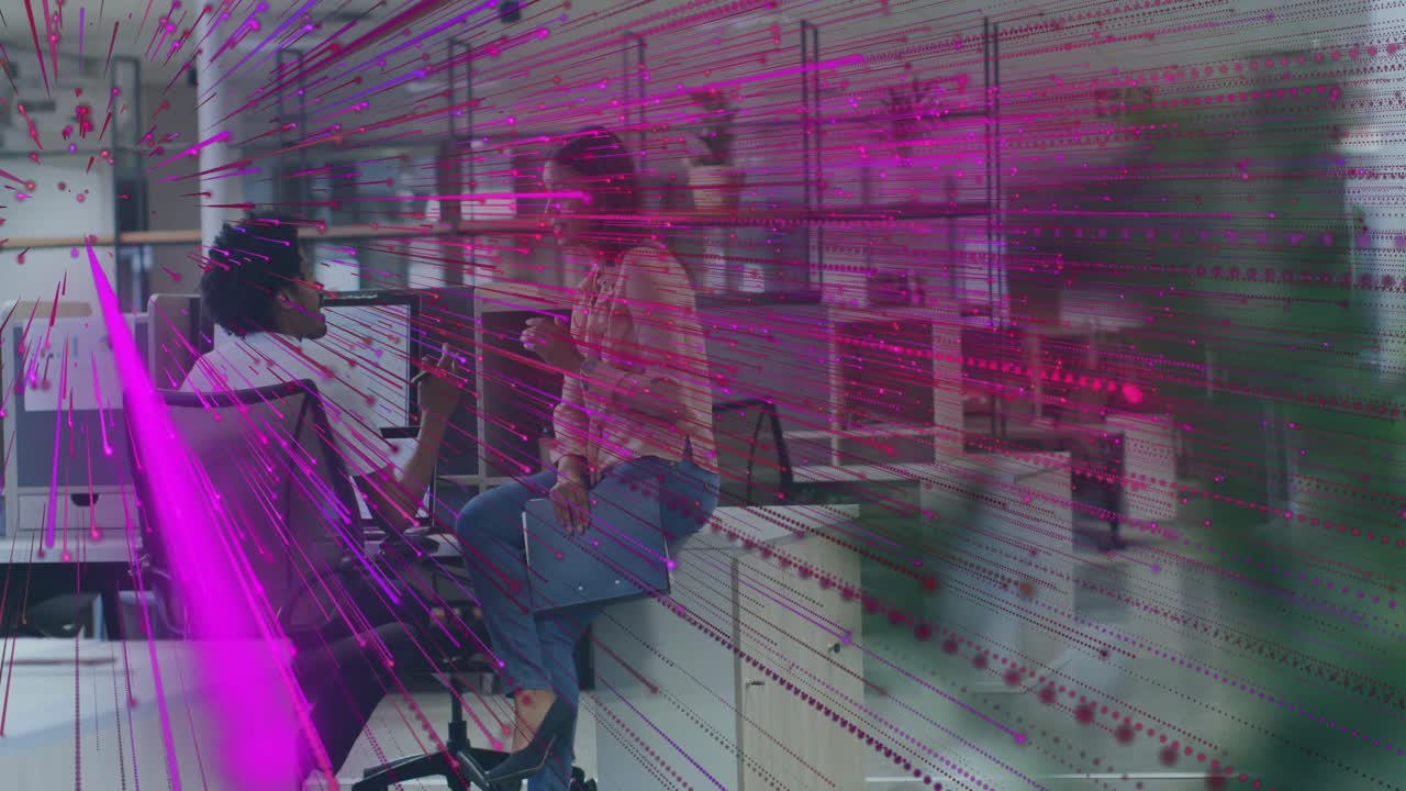 Woman opening folder pages and man clicking scrolling monitor working in business viewing data