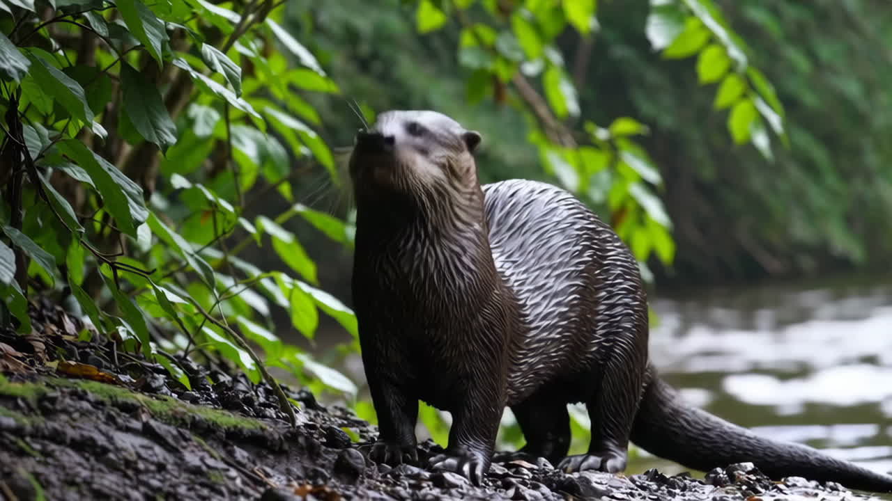 Otter by the Riverbank in Rainforest