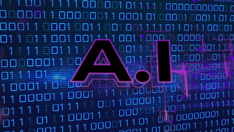 animation von ai-text mit beleuchteten linien und binären codes über abstrakten hintergrund