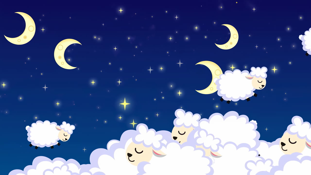 Cartoon Sheep Jumping Over Moons and Clouds in Night Sky
