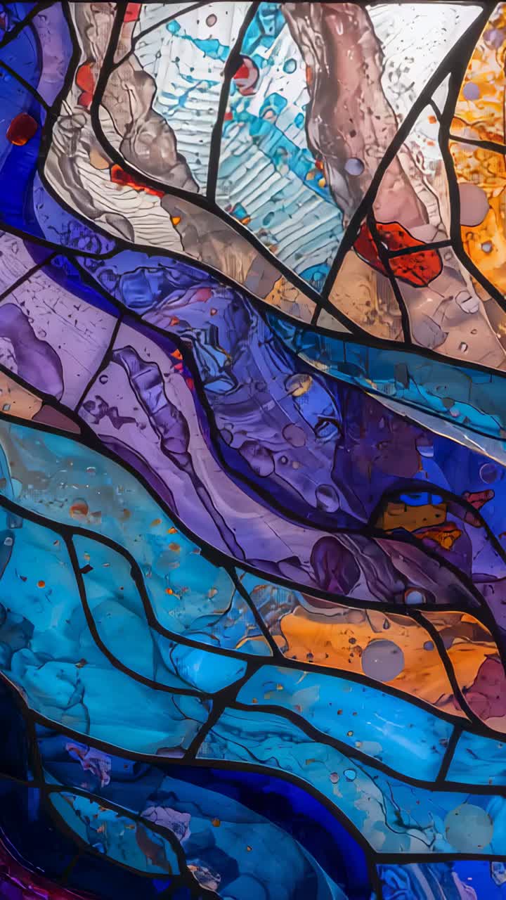 Vertical video: Panning camera revealing stained glass panel in chapel to study lead cames, bubbles
