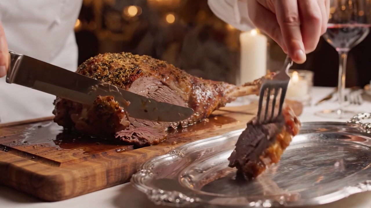 Un cosciotto d'agnello arrosto cucinato alla perfezione, servito su un tagliere di legno con guarnizioni e contorni, evidenziando la carne rosa succosa e i condimenti aromatici