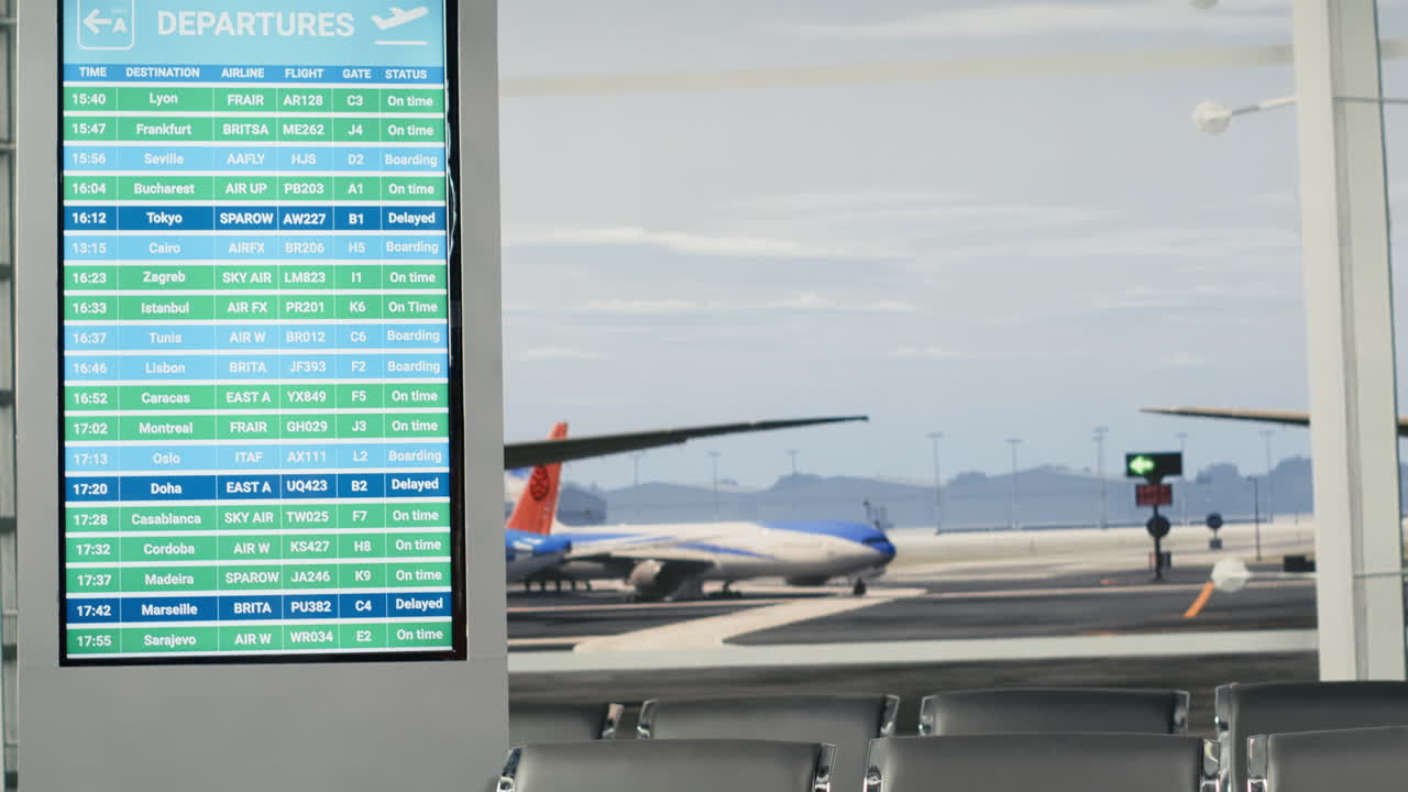 Close-up de cadeiras de metal vazias de aeroporto com vista para uma pista de aviões movimentada.