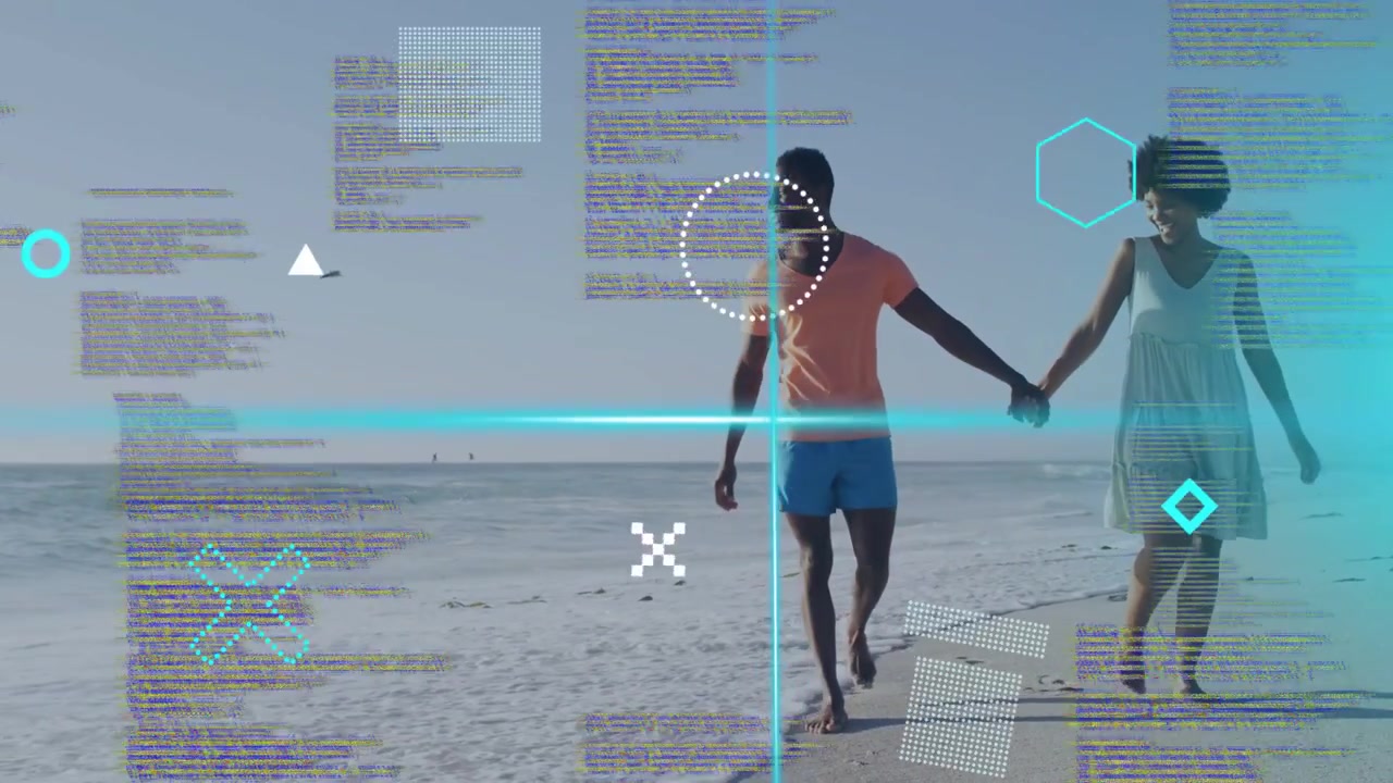 Coppia che cammina mano nella mano lungo la riva, con una scansione ciano che avvia un display AR HUD che mostra il tracciamento.