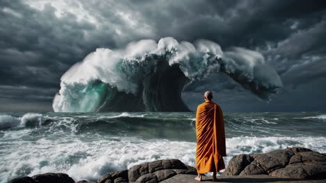 monk contemplating a giant wave