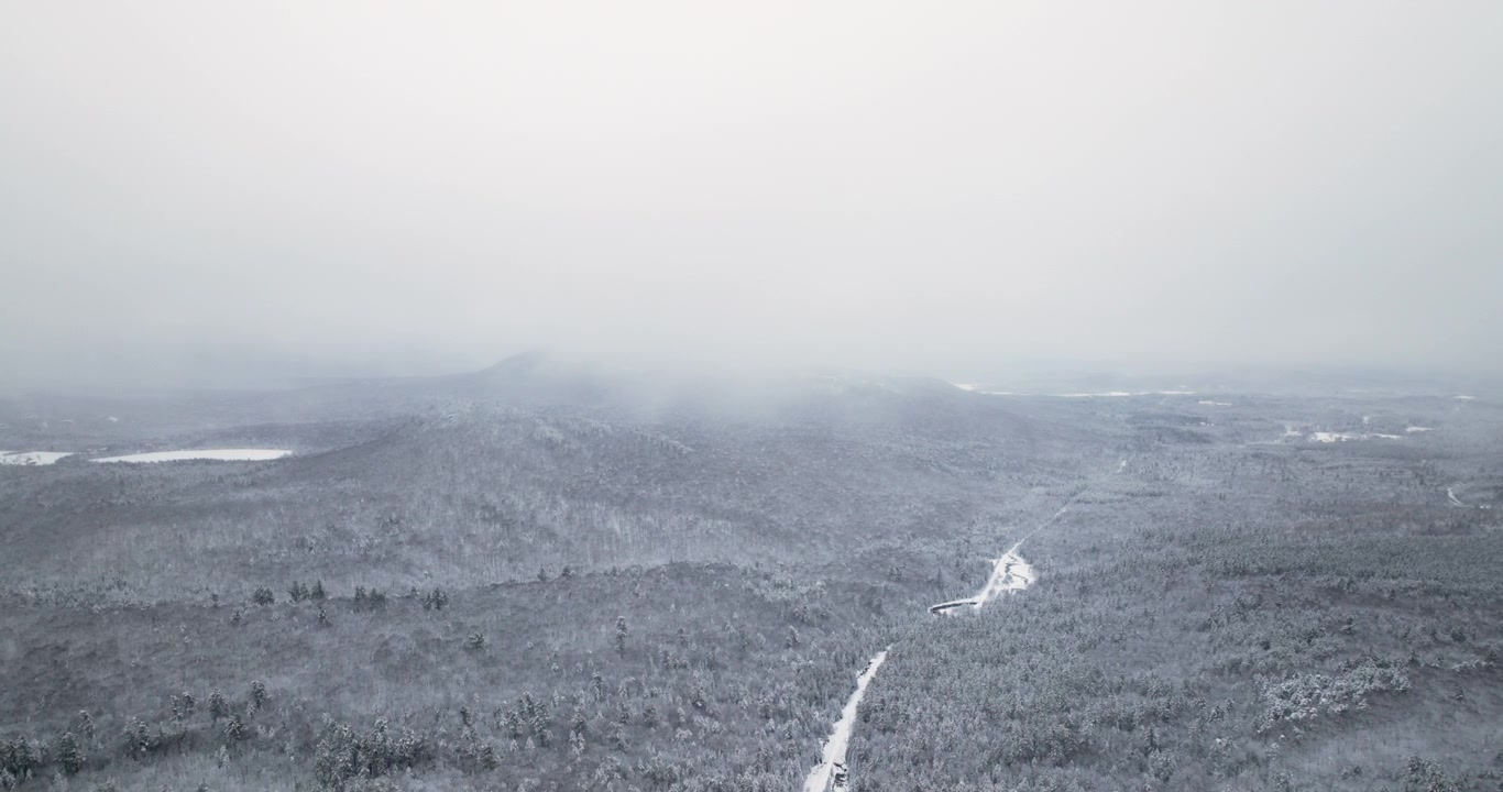Eine Drohne fliegt direkt über einen schneebedeckten Adirondack-Wald und enthüllt eine sich durch die Landschaft schlängelnde Straße, während tiefe Winterwolken nach frischem Schneefall über Lake Placid, New York, ziehen.