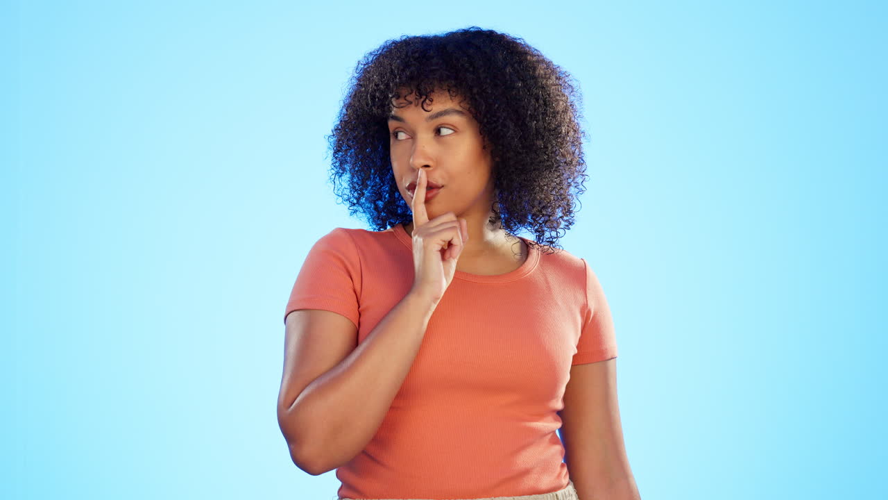 Finger on lips, secret and face of black woman