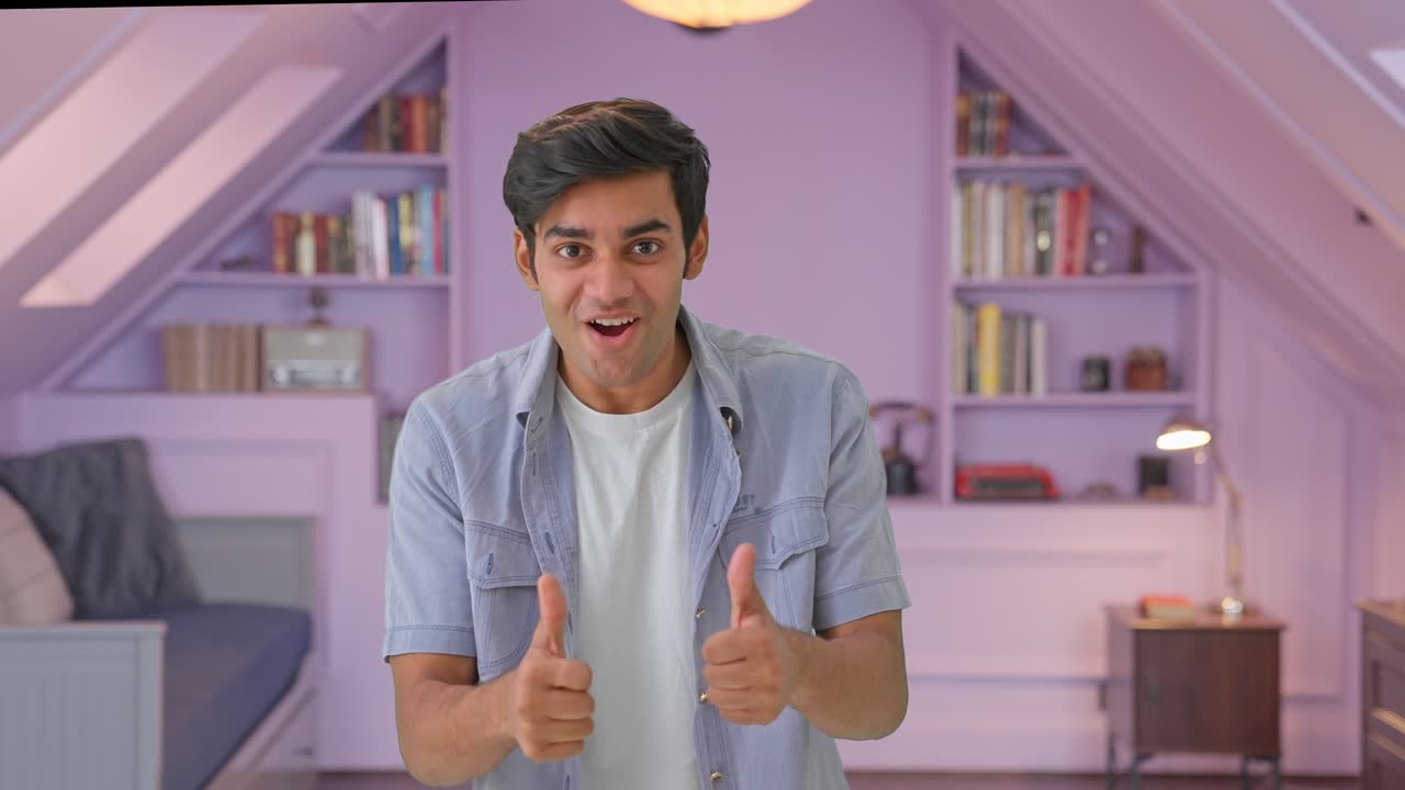 흥분 된 인도 소년 은 카메라 에 엄지 손가락 을 올리고 있다