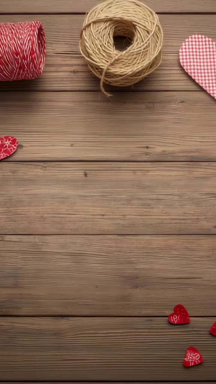 Video verticale: frame che avanzano su un tavolo di legno, cuori rossi che si muovono in basso a destra con dello spago, cuore rosa