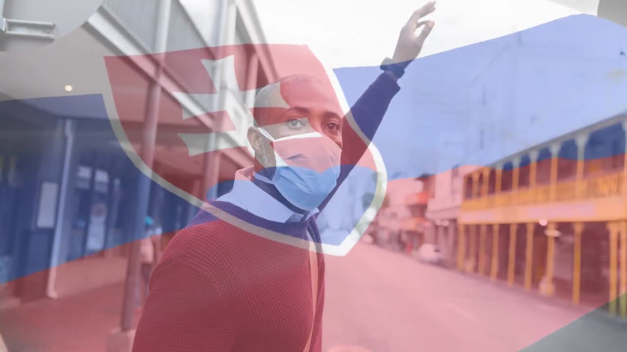 슬로바키아  ⁇ 발이 택시를 호출하는 얼굴 마스크를 쓴 남자를 향해 흔들리고 있습니다.