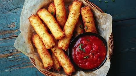 crispy golden brown cheese sticks with marinara sauce