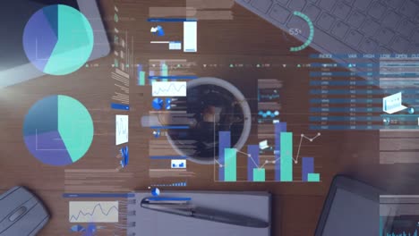 Animation-of-data-processing-over-sugar-cube-falling-in-coffee-cup-with-equipment-on-wooden-surface