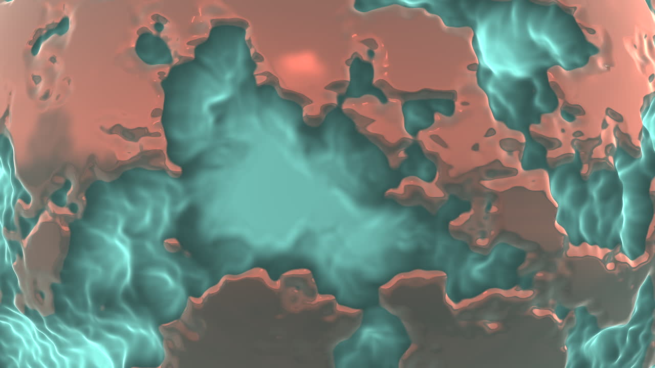 A stunning 3D rendering of a planet with shades of blue and orange, displaying a rocky surface with mountainous formations, valleys, and a dynamic atmosphere featuring clouds and lightning