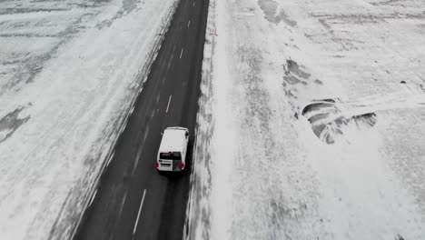aerial shooths of a van on iceland road