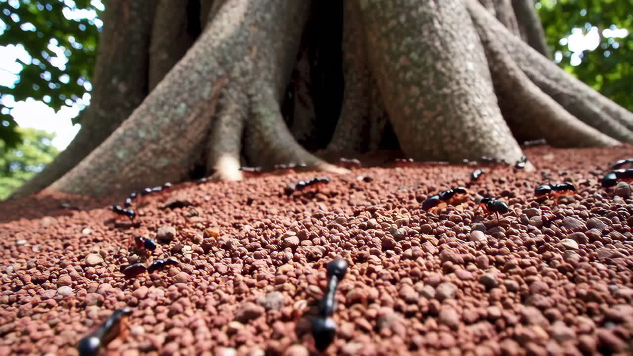 Ants crawling on the ground under a tree