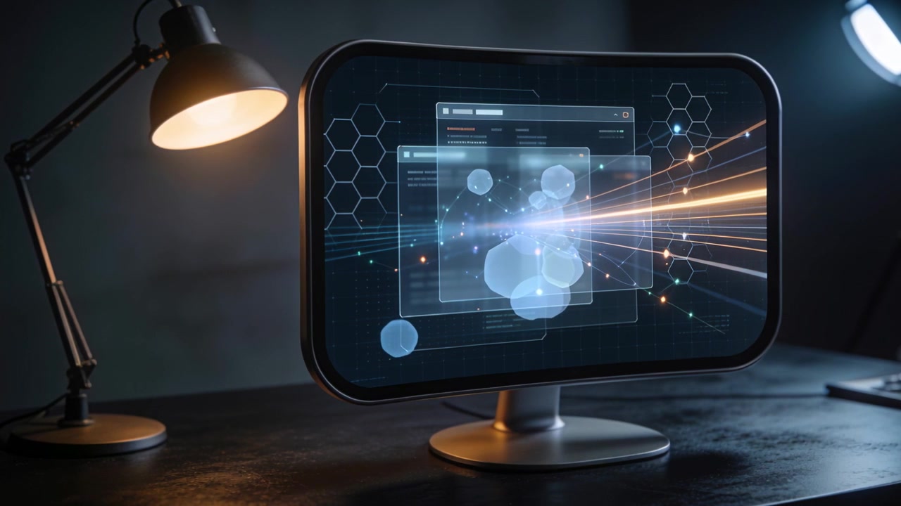 Animating holo UI on widescreen desk monitor rays starting center right lamp lit showing data flow