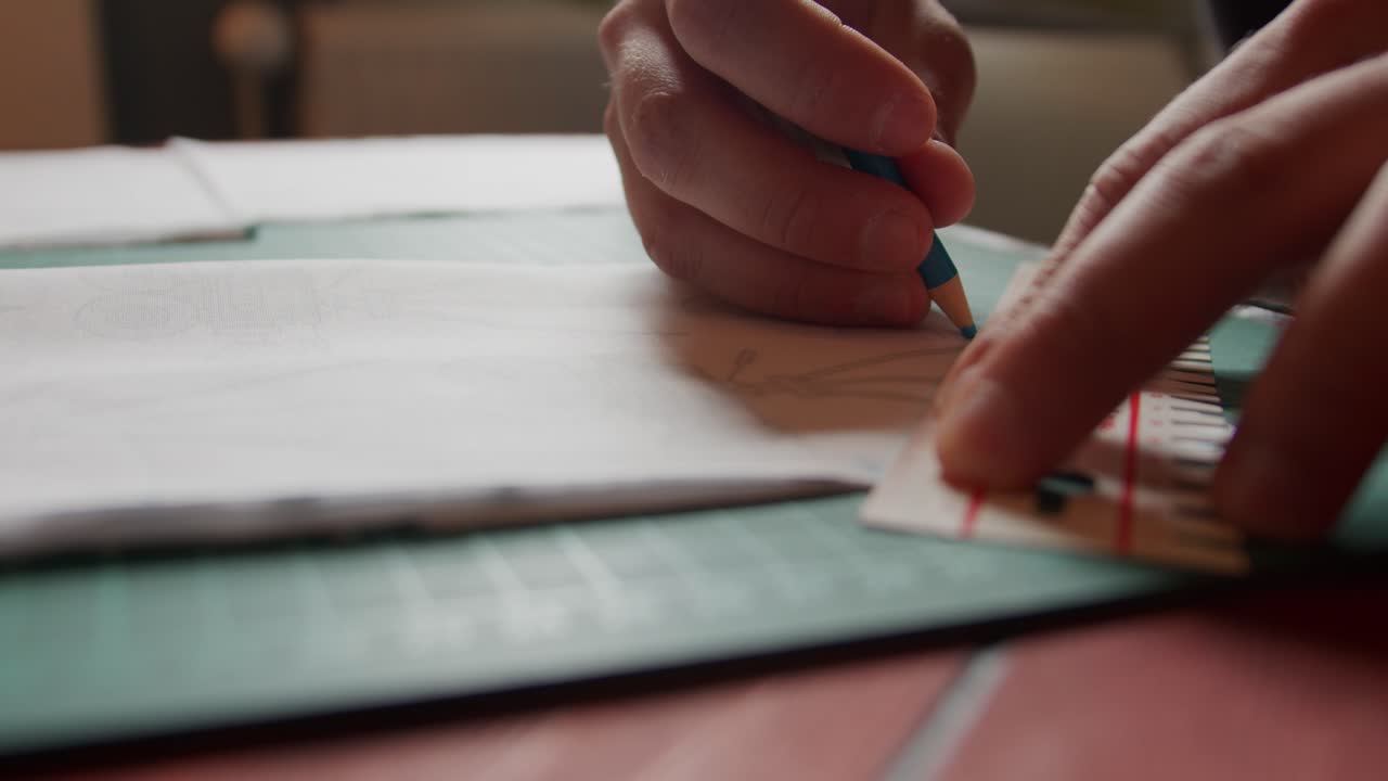 Close up of slow motion drawing against an edge onto fabric.