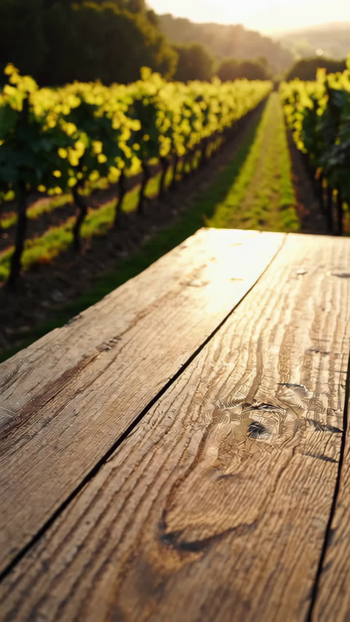 Wooden Table in a Vineyard at Sunset