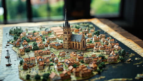 detailed miniature model of a historic town with a central church