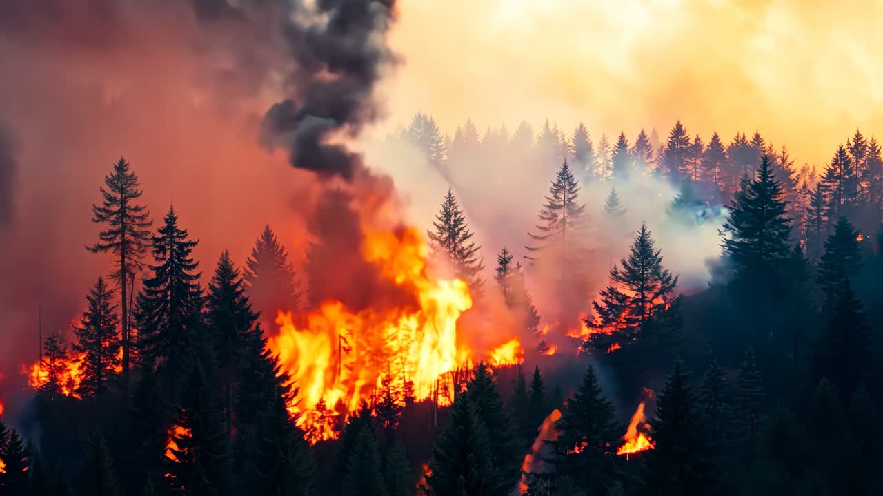 Un grande fuoco sta bruciando in mezzo a una foresta.