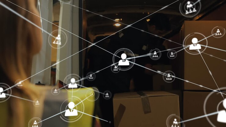 Concetto di rete globale e logistica mostrato in video digitale di scaricamento pacchi.