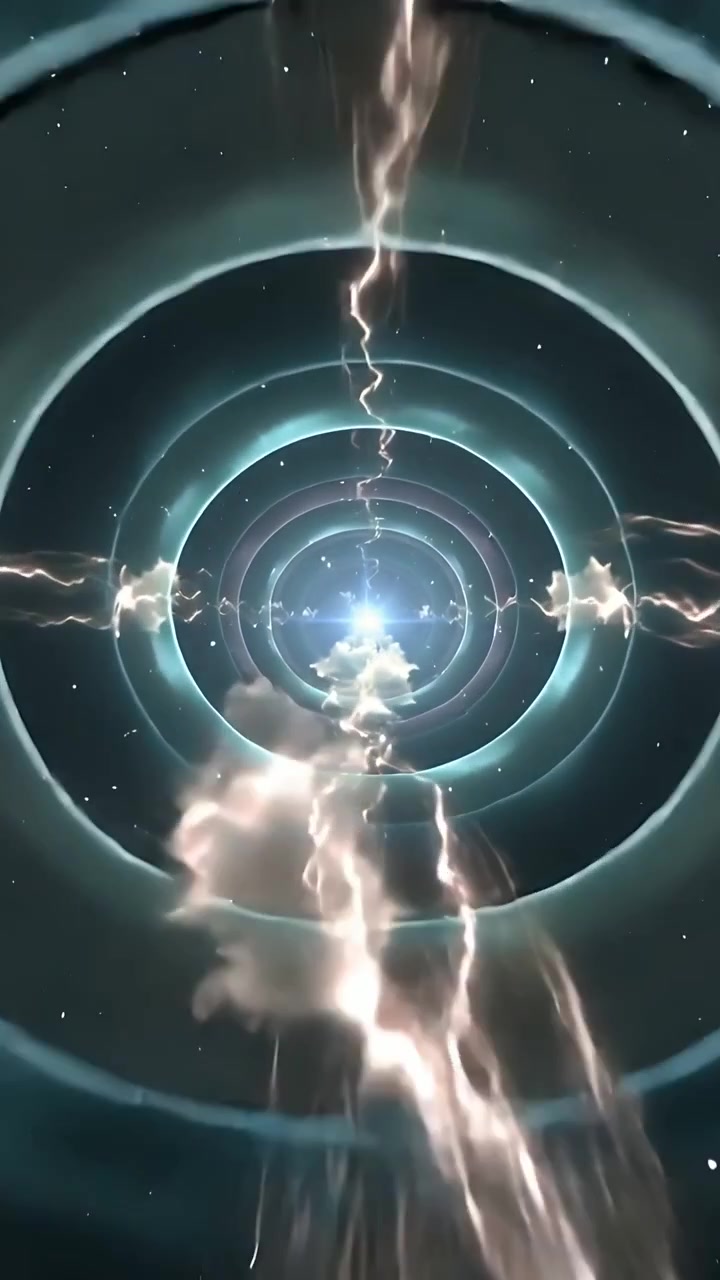 Video verticale: Fulmini che generano anelli concentrici che pulsano verso una luce centrale, con nuvole in movimento nello spazio.