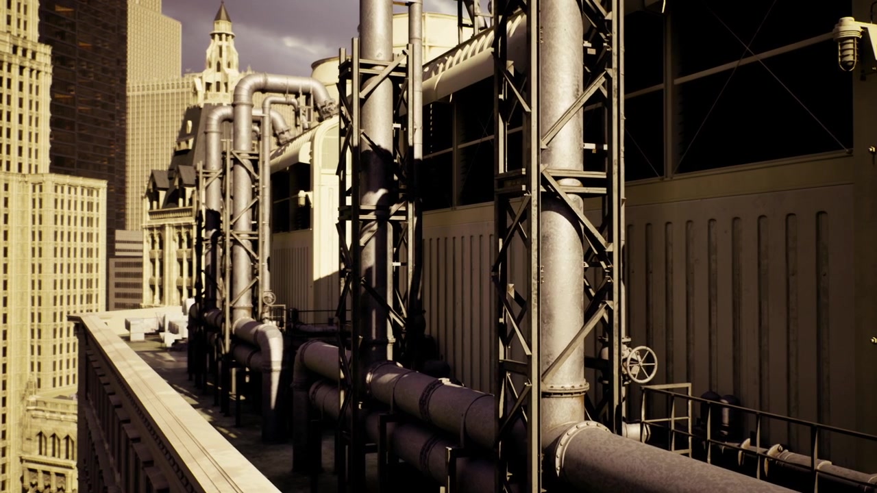 Forme di tubature industriali stagliate contro una suggestiva scena notturna della città