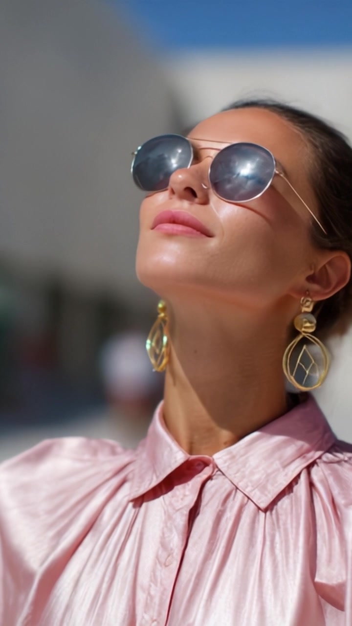 Una donna elegante con occhiali da sole e orecchini raffinati posa con sicurezza all'aperto, emanando moda e grazia sotto la luce brillante del sole di un cielo sereno.