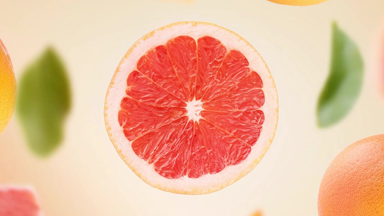 Pompelmo fresco a fette con frutti interi e sfondo di foglie verdi