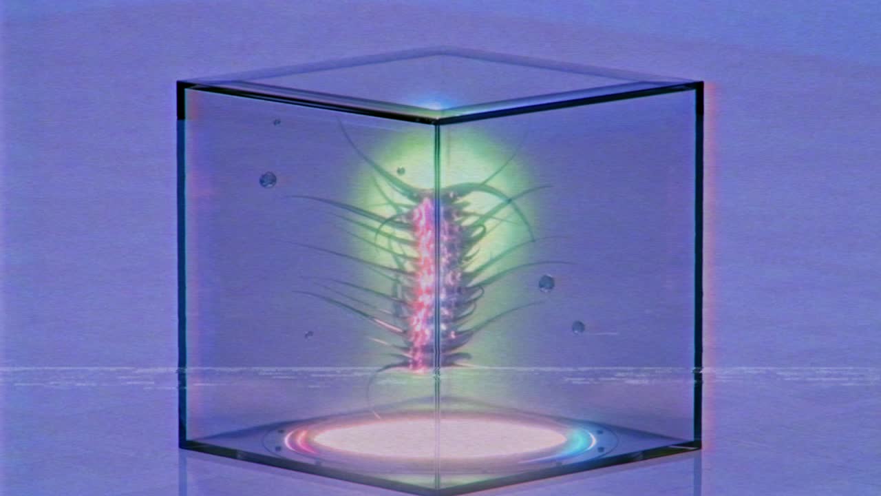 유리 큐브 루핑에서 공상과학 소설을 찾는 유충 3d 렌더링 애니메이션