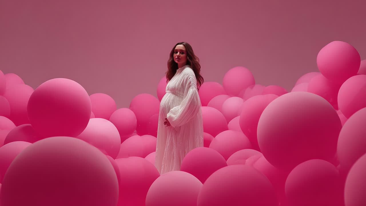 A tranquil scene featuring a pregnant woman surrounded by vibrant pink spheres, embodying joy and anticipation in a surreal, dreamlike environment