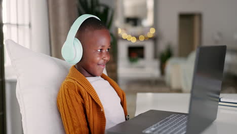 headphones, laptop and boy child on a video call