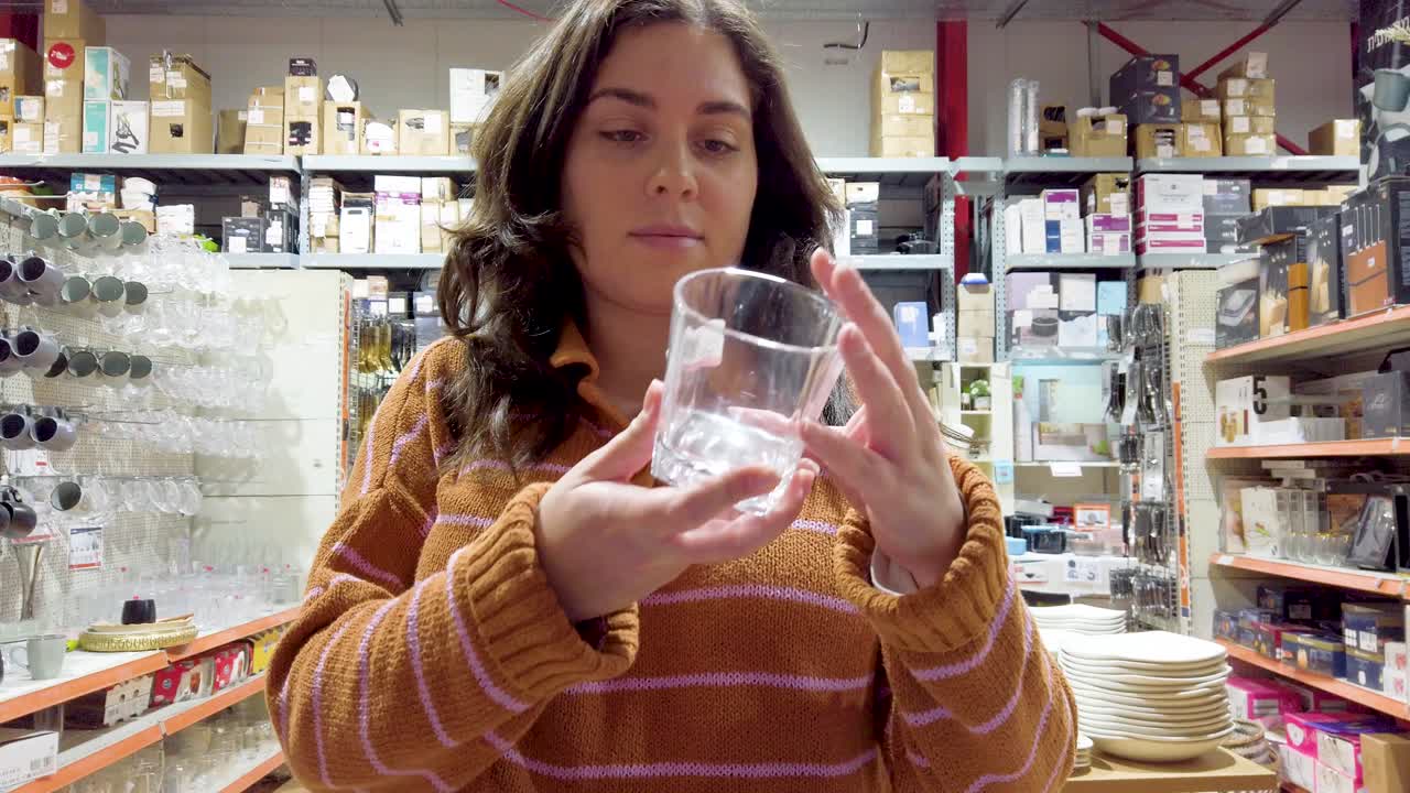 Young woman choosing wine glass in a store to buy.