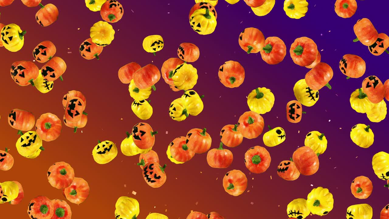 Flying many orange and yellow pumpkins. Gradient background. Cartoon faces with smile. 3D animation for the holiday Halloween. Loop animation.