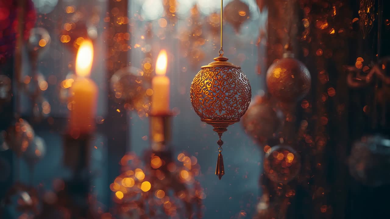 Flickering candle flames causing camera focusing on filigree lantern in lounge, with suspended orbs