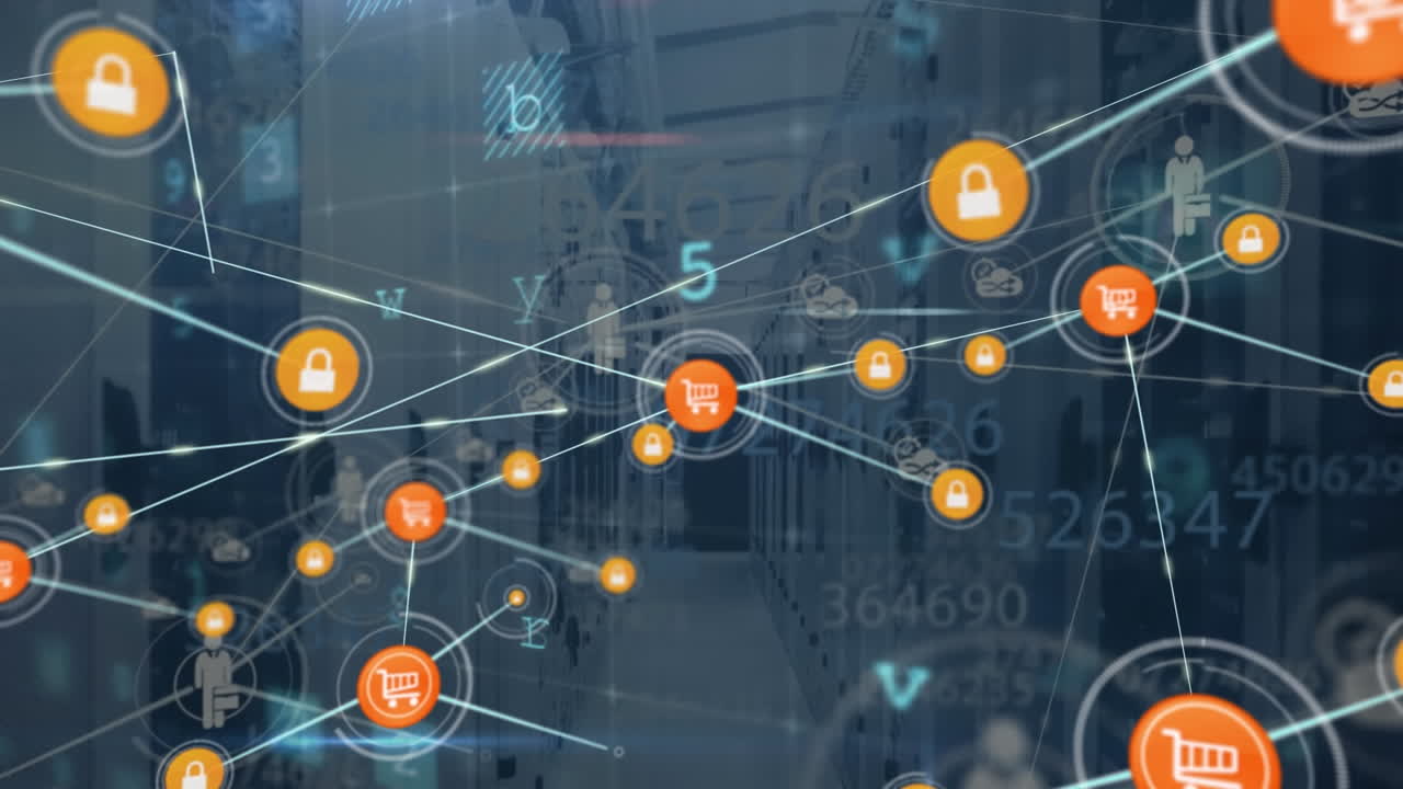 animación de múltiples textos, números, letras, símbolos e iconos conectados contra la sala del servidor.