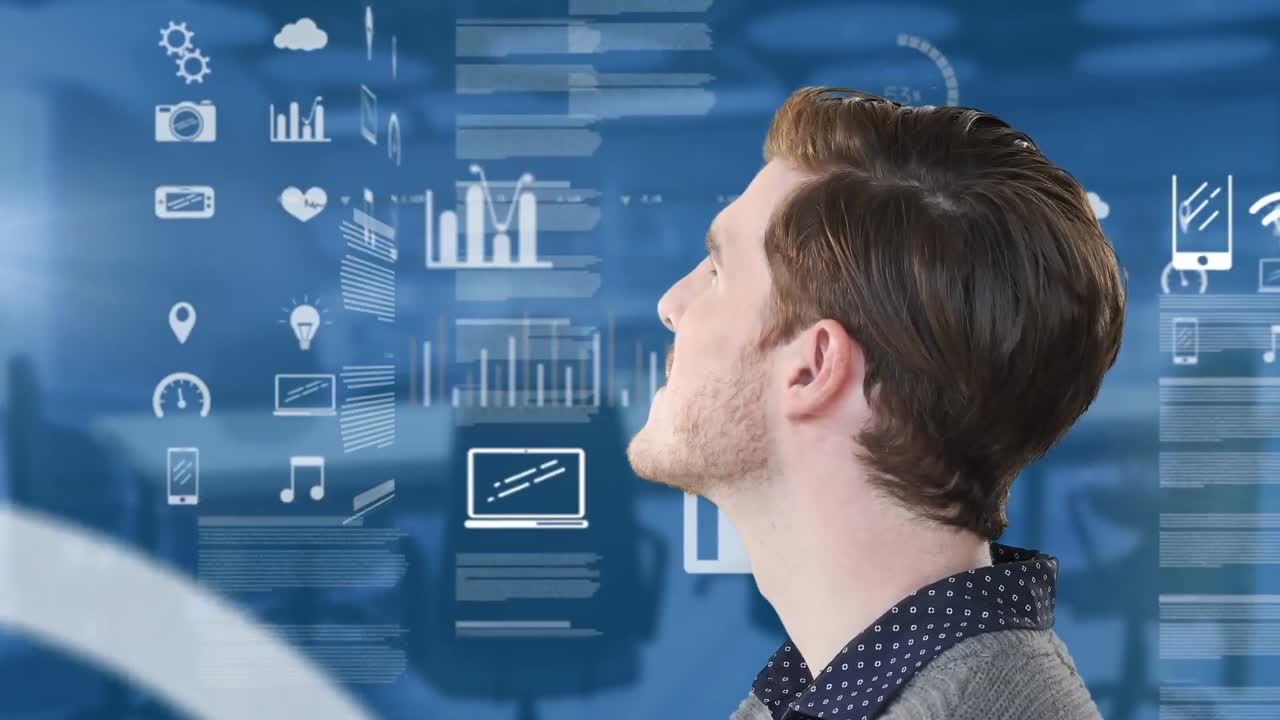 Animation of businessman and data processing over empty office
