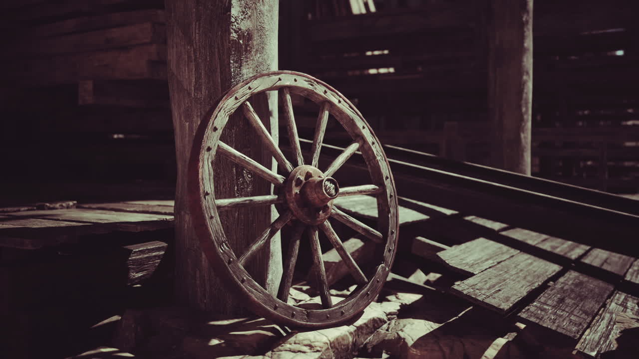 Old wooden wheel resting against a post in a rustic barn at sunset