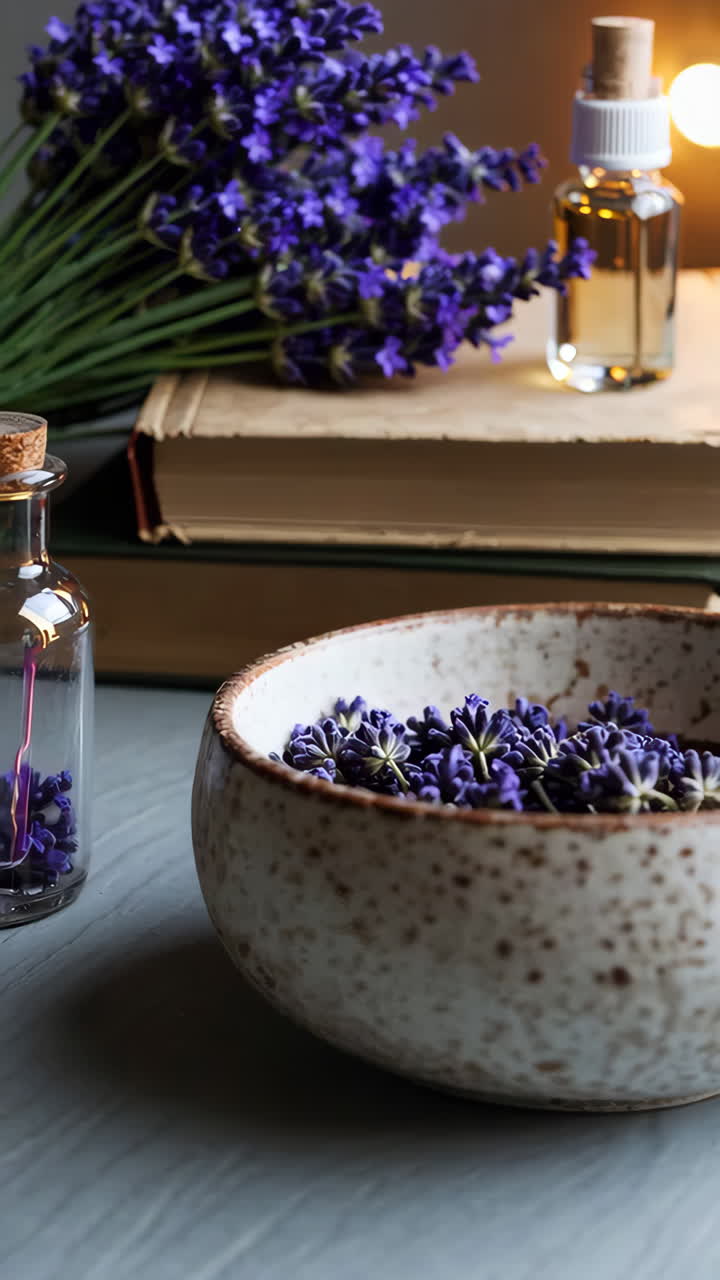 Lavender Essential Oil and Dried Flowers