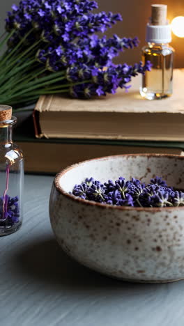lavender essential oil and dried flowers