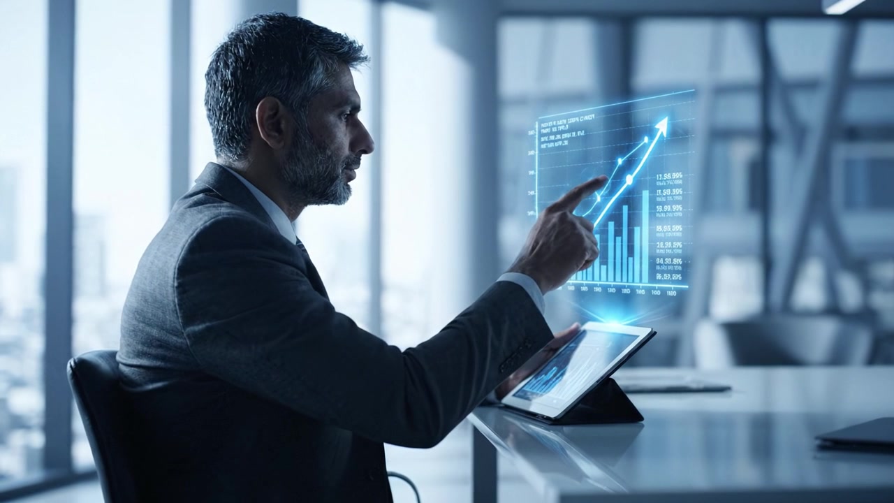 A professional businessman analyzes graphs and data trends on a tablet, demonstrating modern financial analytics and strategic planning in an office setting.